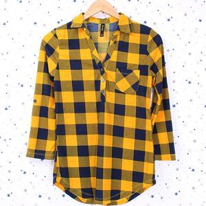 3/4 Sleeve Henley Knit Plaid Shirt Top Mustard / Navy